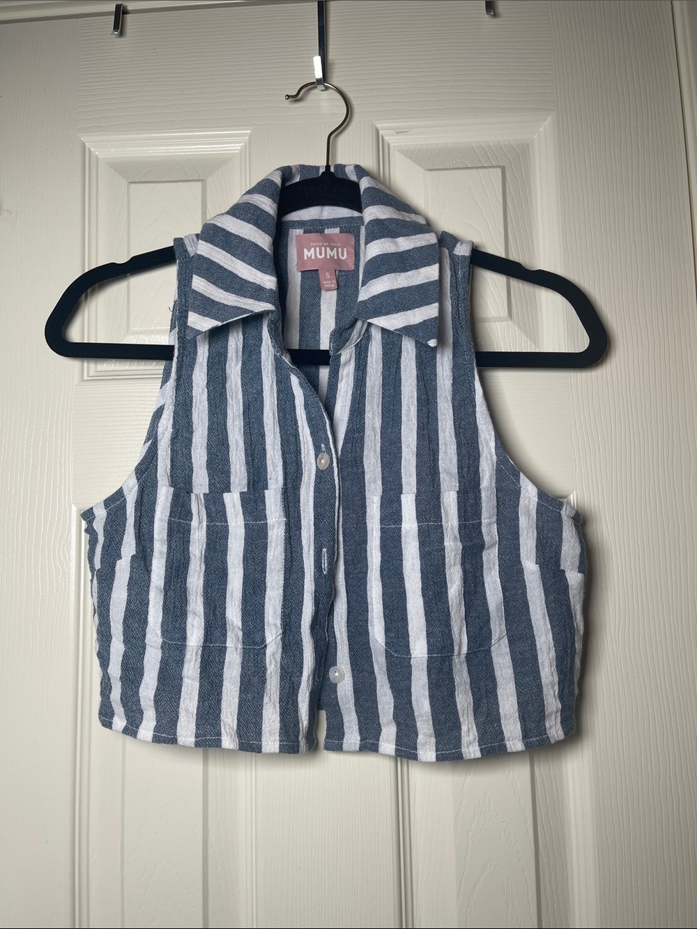 Show Me Your MuMu Navy and White Striped Cropped Button-Up Tank